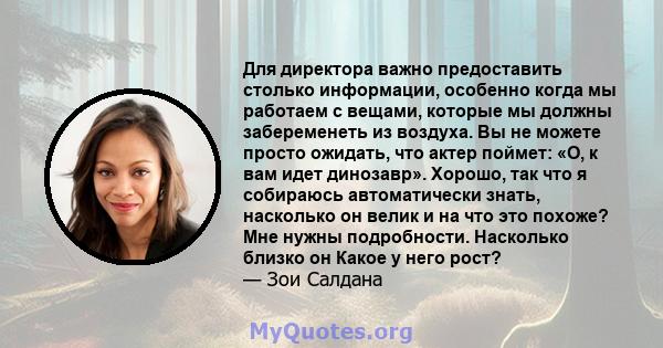 Для директора важно предоставить столько информации, особенно когда мы работаем с вещами, которые мы должны забеременеть из воздуха. Вы не можете просто ожидать, что актер поймет: «О, к вам идет динозавр». Хорошо, так