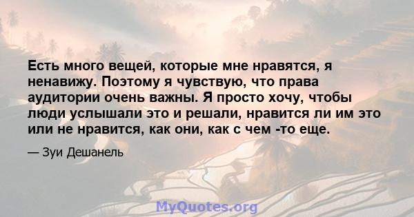 Есть много вещей, которые мне нравятся, я ненавижу. Поэтому я чувствую, что права аудитории очень важны. Я просто хочу, чтобы люди услышали это и решали, нравится ли им это или не нравится, как они, как с чем -то еще.