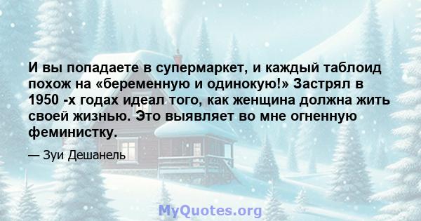 И вы попадаете в супермаркет, и каждый таблоид похож на «беременную и одинокую!» Застрял в 1950 -х годах идеал того, как женщина должна жить своей жизнью. Это выявляет во мне огненную феминистку.