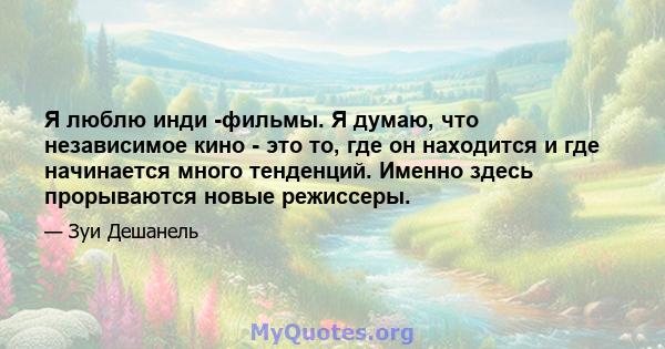 Я люблю инди -фильмы. Я думаю, что независимое кино - это то, где он находится и где начинается много тенденций. Именно здесь прорываются новые режиссеры.