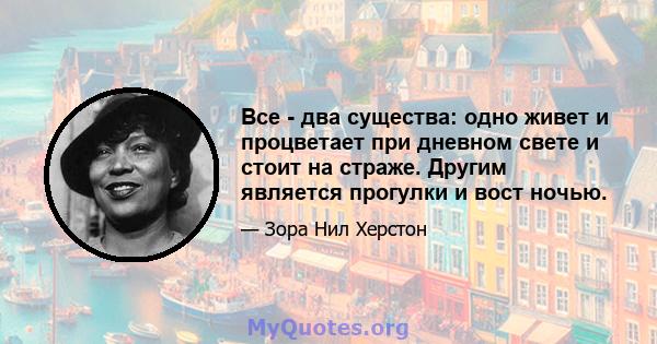 Все - два существа: одно живет и процветает при дневном свете и стоит на страже. Другим является прогулки и вост ночью.