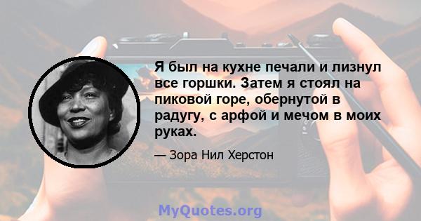 Я был на кухне печали и лизнул все горшки. Затем я стоял на пиковой горе, обернутой в радугу, с арфой и мечом в моих руках.