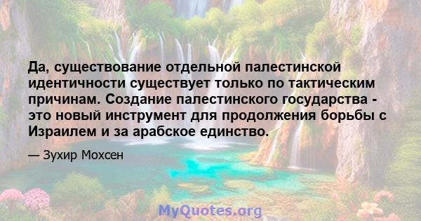 Да, существование отдельной палестинской идентичности существует только по тактическим причинам. Создание палестинского государства - это новый инструмент для продолжения борьбы с Израилем и за арабское единство.